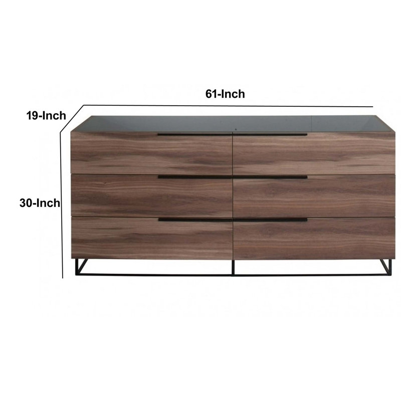 Commode 6 tiroirs en bois avec poignées horizontales en métal, brun