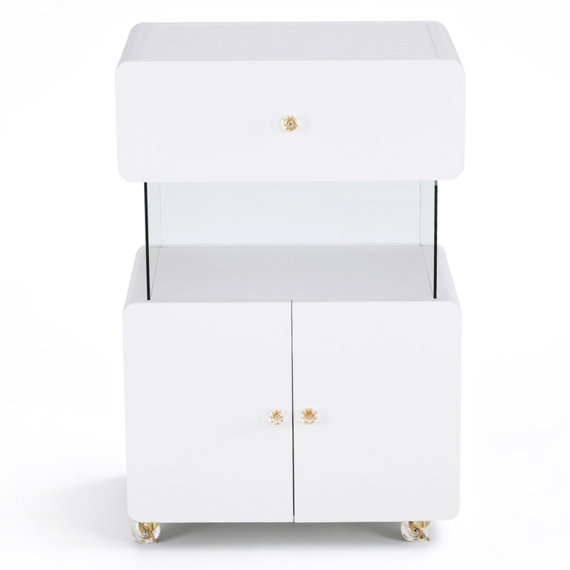 Utility Cart with Glass Shelf and Cabinet, Rolling Salon Storage Trolley