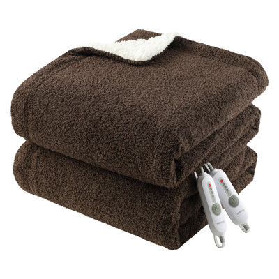 Couverture chauffante en fausse fourrure de lapin Queen – Double contrôle, 4 niveaux de chaleur, arrêt automatique après 10 h, protection contre la surchauffe, lavable à la machine, certifiée ETL – 213 x 229 cm (84 x 90 po) marron