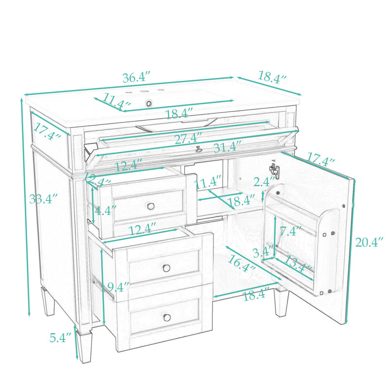 Meuble-lavabo en bois avec lavabo supérieur, 2 tiroirs et un tiroir basculant
