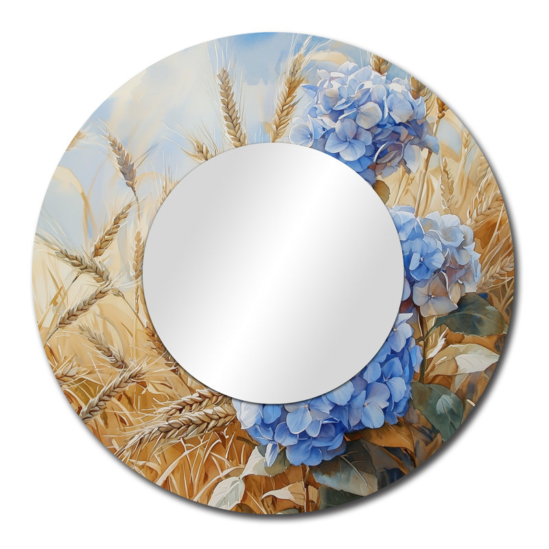 Countryside Hydrangeas In The Wheat Field I - Floral Accent Wall Mirror - Printed On Metal, 29" x 29"
