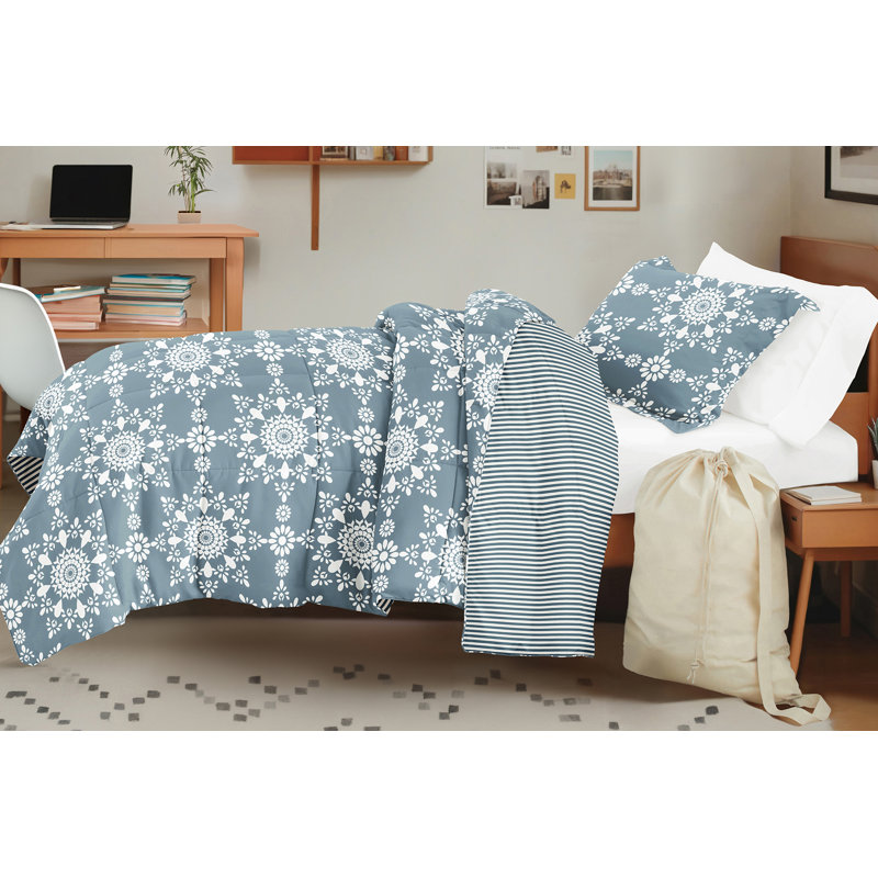 8-PC College Dorm Twin XL Bedding Bundle - Comforter Set, Sheet Set, Pillows and Laundry Bag, Daisy Medallion Light Blue