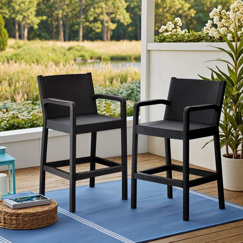 2 tabourets de bar d'extérieur 2 pièces résistants aux intempéries avec accoudoirs et dossier, chaise de bar haute pour balcon