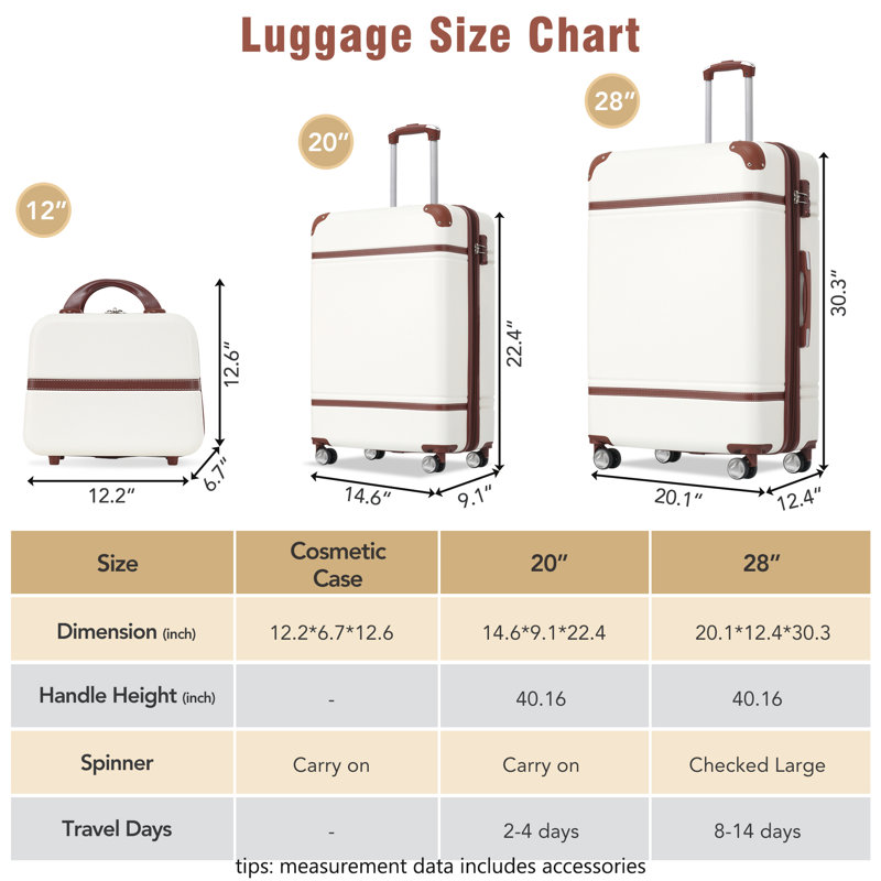 Valise à roulettes Hardshell 3 pièces 20 "+ 28" Valise avec serrure TSA légère, blanche