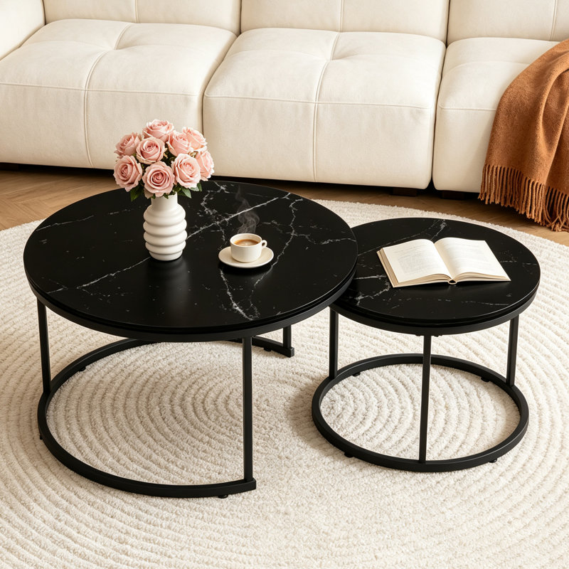 Table basse gigogne 2 pièces 27,6 po, plateau en bois à imprimé marbre et table de bout latérale en métal, Black