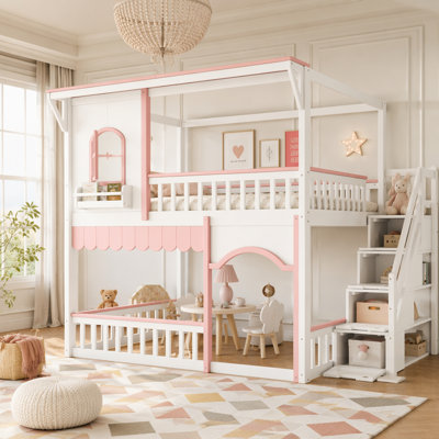 House Bunk Bed with Storage Stairs, Window, and Side Bookshelf, Convertible Lower Space for Sleep or Play, Solid Wood Frame