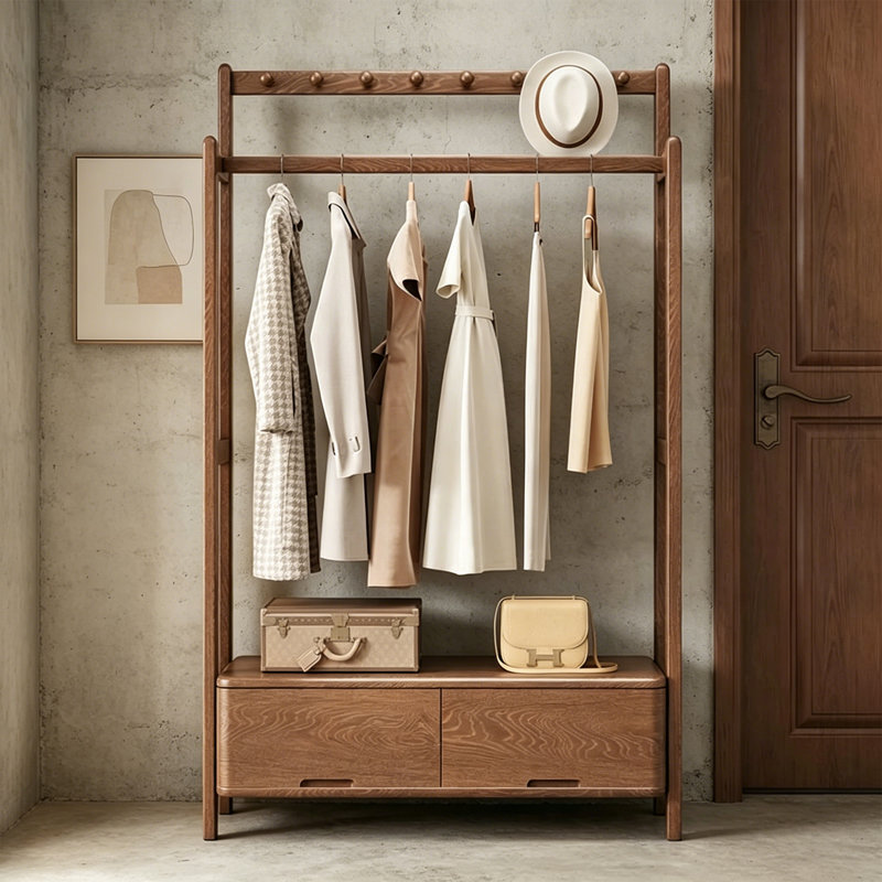 Walnut Wood Hall Tree Storage Rack, Walnut