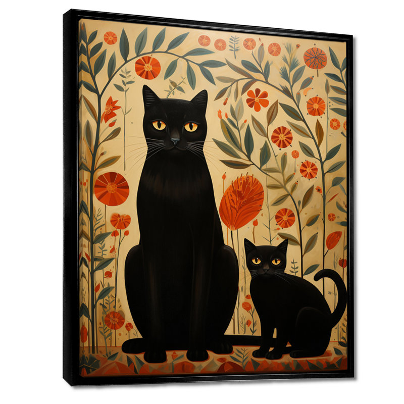 Chat noir, mère et chaton, art floral rétro, salon mural, Toile flottante noire encadrée, H 32 po x l 16 po