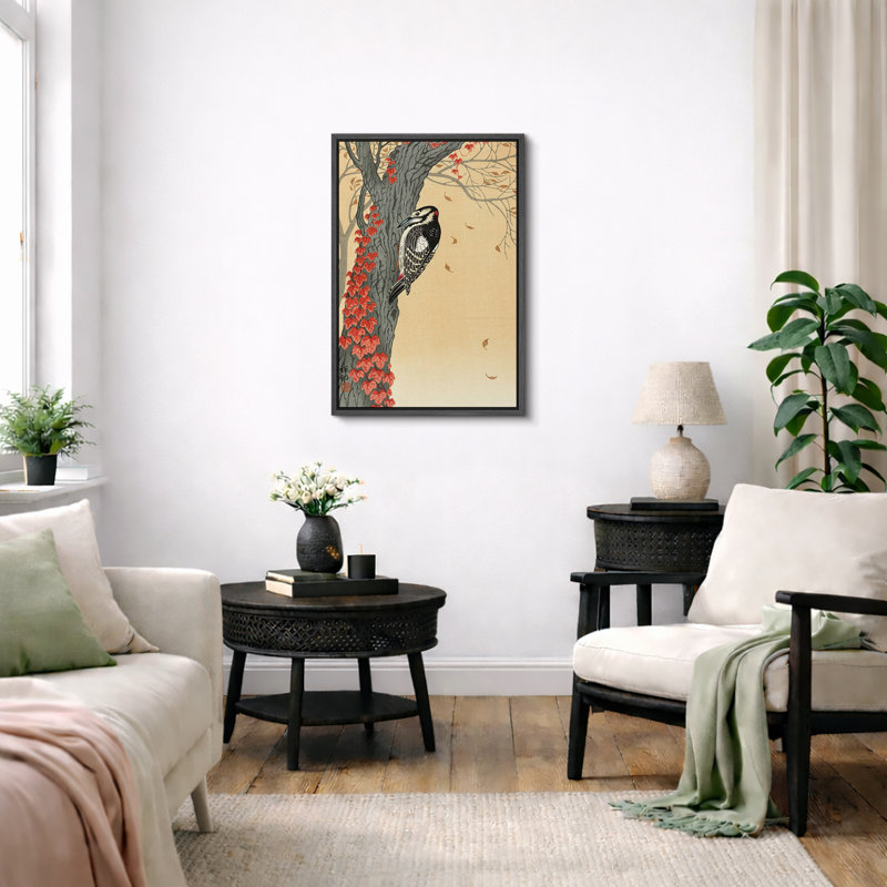 Illustration d'un pic sur un arbre d'automne, images d'oiseaux classiques, impression sur toile encadrée, Cadre flottant noir