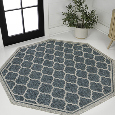 Hague Moroccan Trellis Textured Weave Teal/Gray Indoor/Outdoor Rug