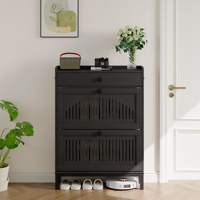 Slim 9.4" Shoe Cabinet with Flip Drawers, Adjustable Shelves, Top Storage Drawer & Side Hooks for Entryway, Black