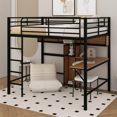 Full Size Metal & Wood Loft Bed With L -Shaped Desk And Shelves by Mason & Marbles