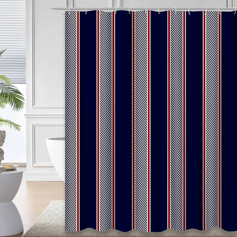 Rideau de douche rayé bleu rouge blanc marine avec 12 crochets, L 72 po x l 84 po