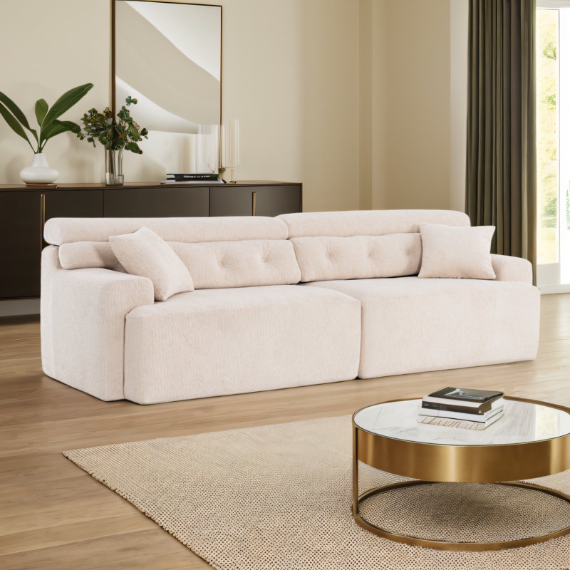 103.6" Compression sofa,4-seater combined sofa with wood grain chenille fabric and 2 pillows, Cream