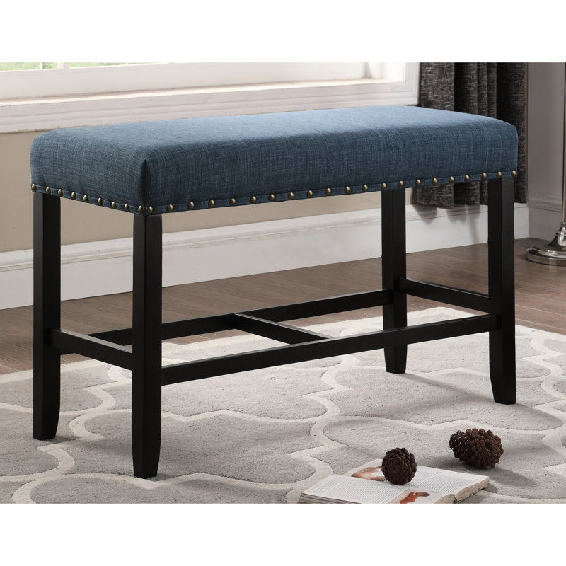 Counter Height Dining Bench With Blue Fabric Covering And Legs Trim Blend For Elegant Stable Structure, Blue