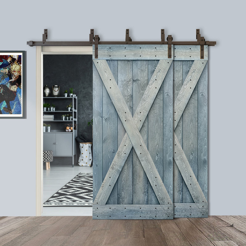 Porte de grange double à panneaux en bois teinté à panneau avec ensemble de quincaillerie coulissante, 92 po x 84 po