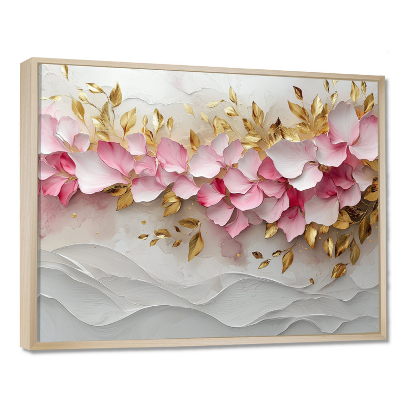 Or rose, veines élégantes de pétales de fleurs I - fleurs abstraites, art mural, H 30 po x l 40 po, Toile tendue