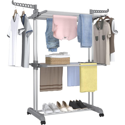 3 Tier Clothes Drying Rack, 57 Inch Laundry Drying Rack, Foldable Stainless Steel Kids Clothing Rack, Movable Laundry Rack For Indoor Outdoor - Grey