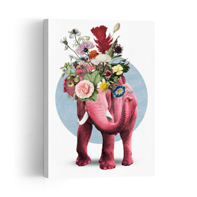 Pink Floral Elephant Colorful Dreamy Whimsical Elephant Flower Nature Wall Art Print 1 Piece Wrapped Canvas Wall Art