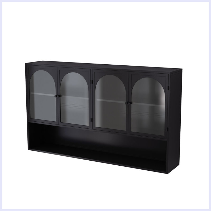 Armoire de rangement murale moderne en verre à quatre portes pour la cuisine, Noir, noir, noir, noir