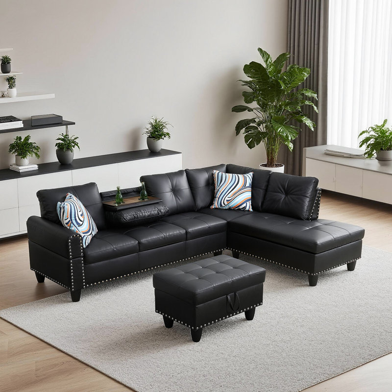 Ensemble de canapé modulaire en cuir 3 pièces avec repose-pieds et rangement, Cuir noir