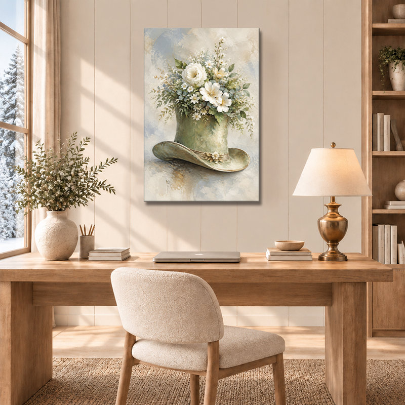 Nature morte sur toile représentant un bouquet de pivoines blanches de style shabby chic dans un chapeau haut-de-forme