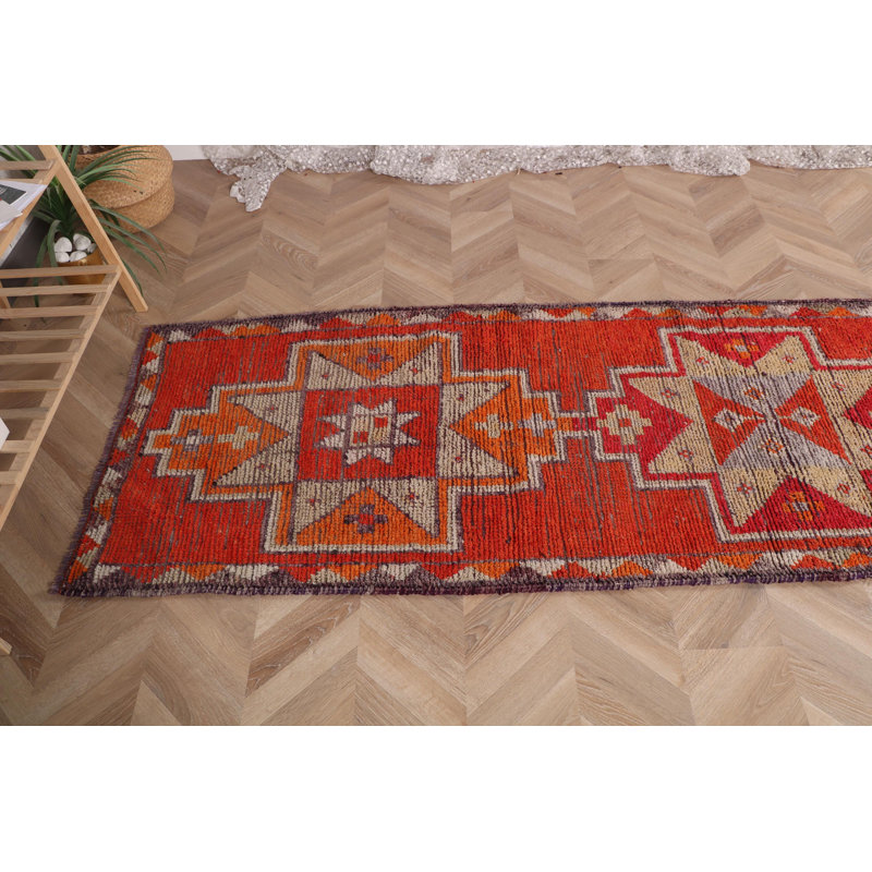 Tapis de couloir turc rétro fabriqué à la main avec un motif rouge bohémien pour un décor de couloir rustique