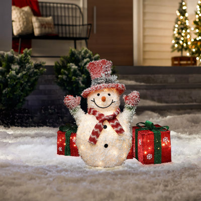 2Ft Lighted Snowman Outdoor Holiday Decoration with White Tinsel & Frosted Top Hat