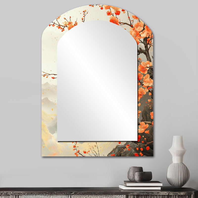 Décoration de miroir orange en forme de branche d'orange sur une rivière chinoise, 34 po x 25 po