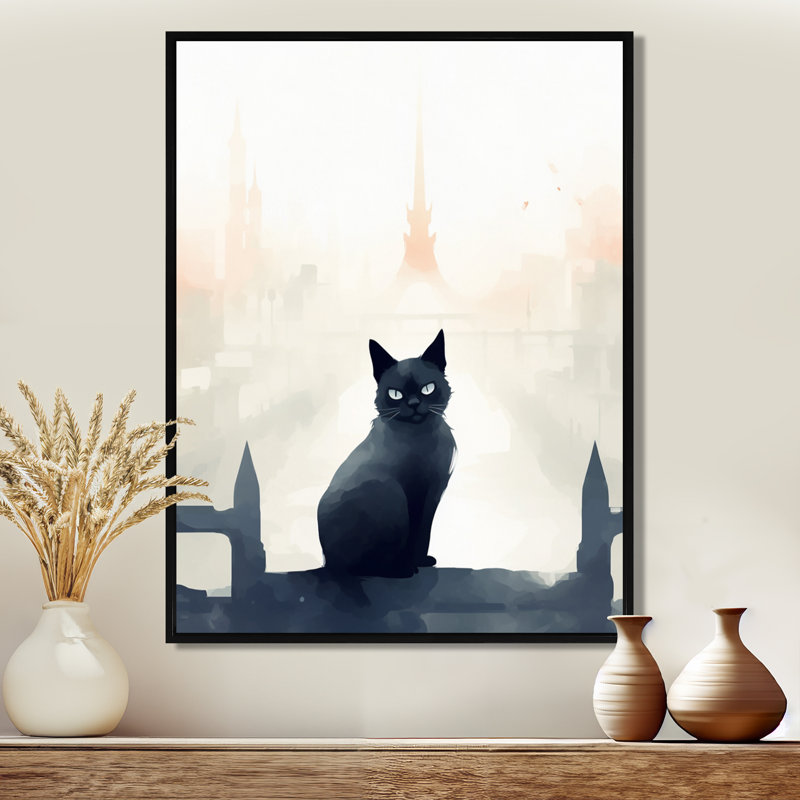Chat urbain noir - salon d'art mural, H 20 po x l 12 po x P 1 po, Toile avec cadre noir