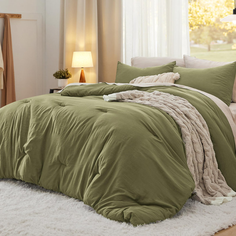 Ensemble d'édredon réversible, Édredon très grand + 2 taies d'oreiller très gr, Vert olive