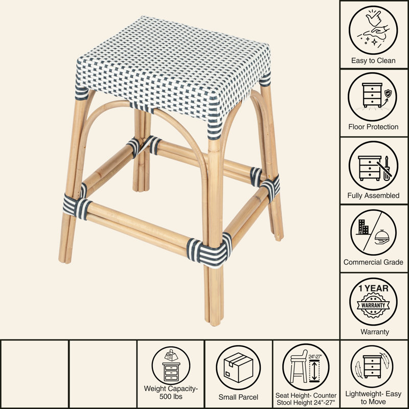 Robias Rattan Bar & Counter Stool, White/Navy Dot/ Natural Rattan Frame, Counter Stool (24.5" Seat Height)
