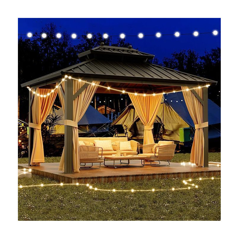 10x10FT Aluminum Hardtop Gazebo with Double Roof, Curtains & Netting for Garden & Patio