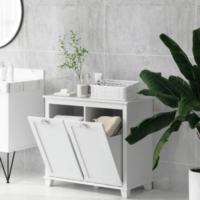 White Freestanding Laundry Organizer Cabinet with Dual Tilt-Out Hampers