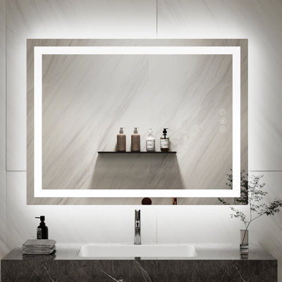 Miroir de salle de bain 24 po x 32 po à DEL, rectangulaire, luminosité réglable, température de couleur réglable, désembuage en un clic, fonction mémoire, cadre arrière en aluminium.