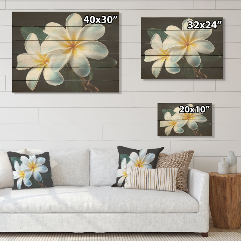 Plumeria charmante élégance I - Plumeria, art sur bois de pin naturel, H 10 po x l 20 po