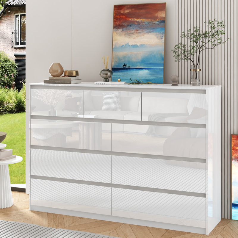 9 Drawer Dresser, High Gloss, White