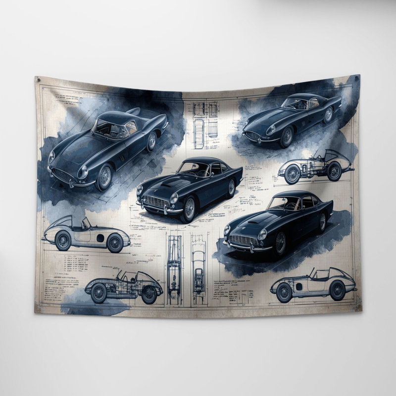 Tapisserie murale «Transformation Vintage car Blueprints», 26 po x 36 po