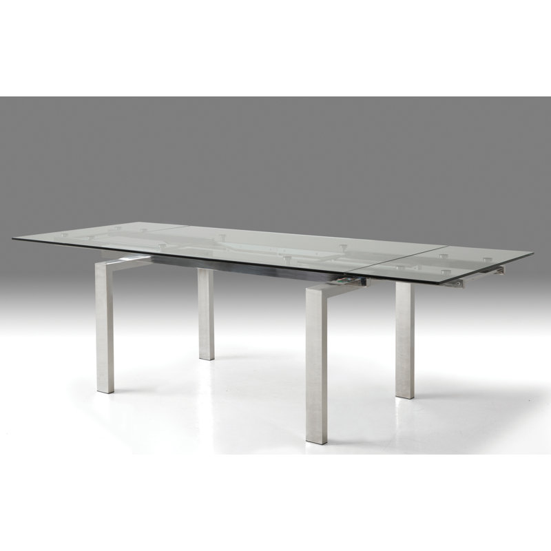 Cantro Extendable Glass Top Metal Base Dining Table, Brush