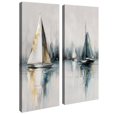 Voiliers bleus et or avec reflets - Décoration nautique côtière - Ensemble de 2 impressions sur toile encadrées 32" x 12" x 2