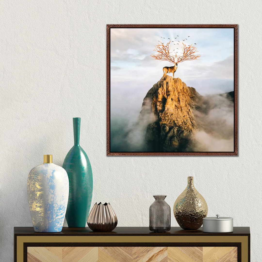 A Deer With Golden Antlers On Top Of A Mountain von Ievgeniia Bidiuk - Gallery-Wrapped Canvas Giclée on Canvas