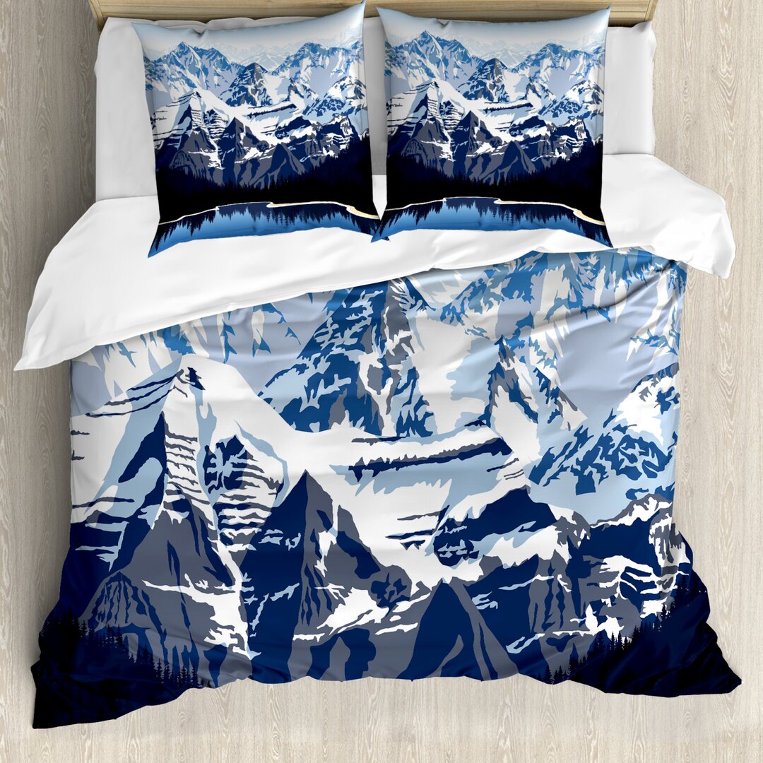 Bettbezug Set, Berg mit Schnee Blick, Landschaft, Dunkelblau Blau grau Grau