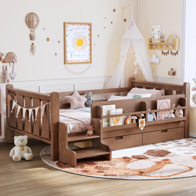  Twin Wood Floor Bed - Integrated Bookcase, Dual Drawers & 2-Step Safety Stairs - Modern Brown Kids Platform Bed with Full-Length Guardrails