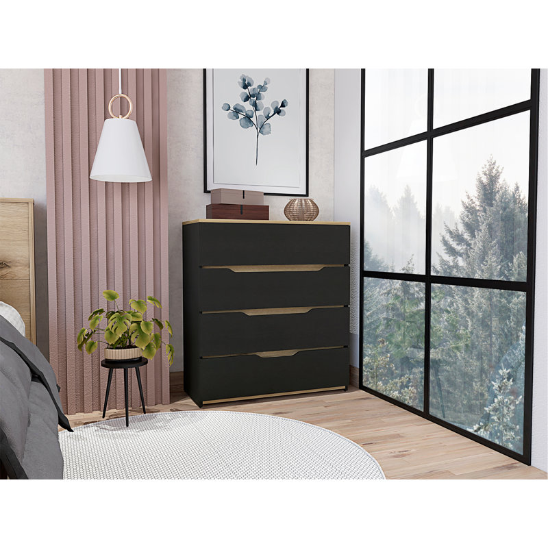 Commode Zoe, plateau supérieur, quatre tiroirs - chêne noir / clair, Noir