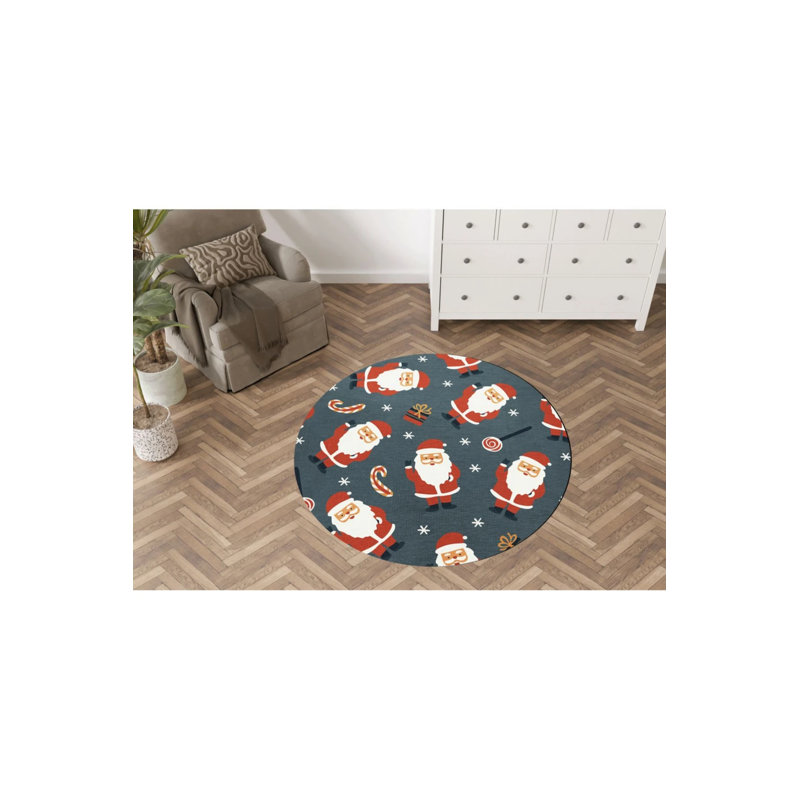 Christmas Themed Santa Claus Patterned Modern Woven Base Round Decorative Carpet, Round 4'