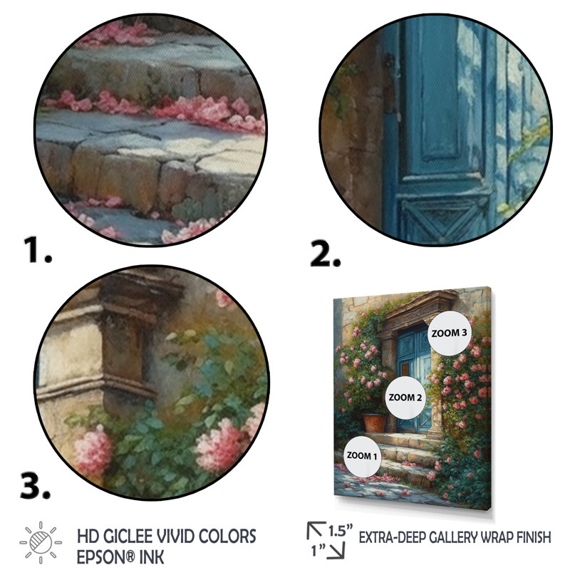 Porte de jardin bleue et rose Robertina III sur toile, H 32 po x l 24 po x P 1 po, Encadrement doré