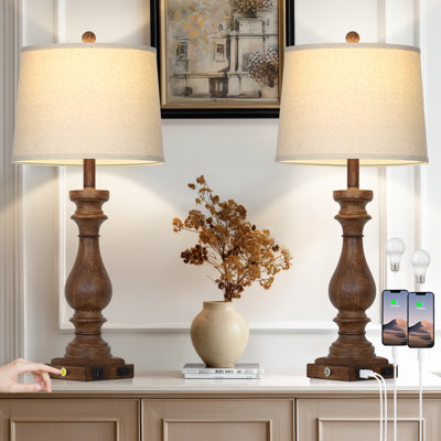 29" Tall Vintage Resin USB Table Lamp Set with Touch Control