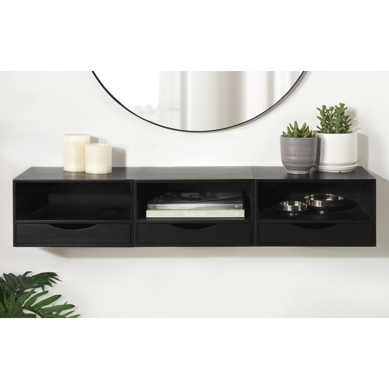 Adeana Poplar Floating Shelf with Drawer, Black