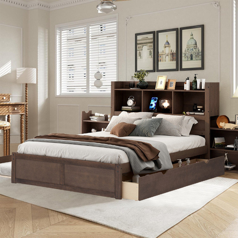 Lit multifonctionnel avec prises, USB, 2 tablettes de rangement, tête de lit et 2 tiroirs, Espresso