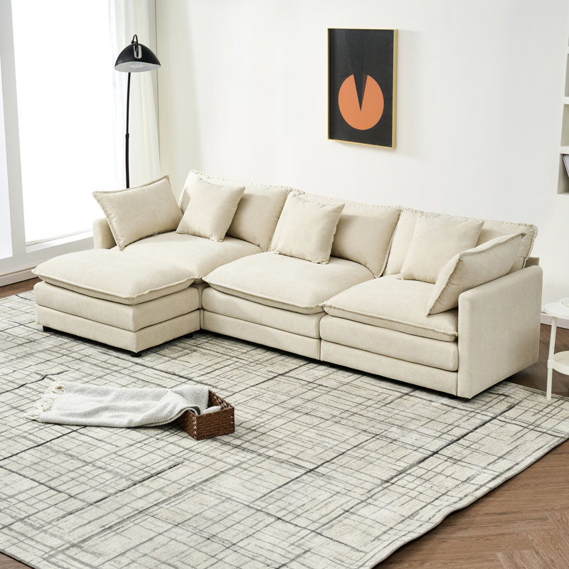 Combinaison de style contemporain à 3 places en chenille, siège en L de 110 po de longueur, structure en eucalyptus brun clair, tissu respirant haut de gamme avec et avec dossier, beige, accoudoirs carrés, qualité